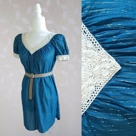 Jovovich Hawk Cotton Boho Metallic Stripe Crochet Trim Puff Sleeve Dress Teal - Picture 1 of 12
